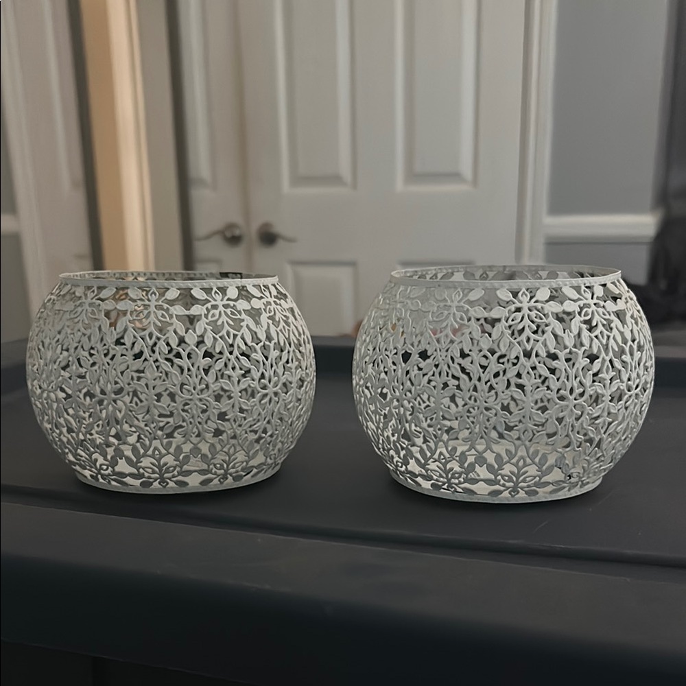 2 Elegant White Lace Detail Candle Holders